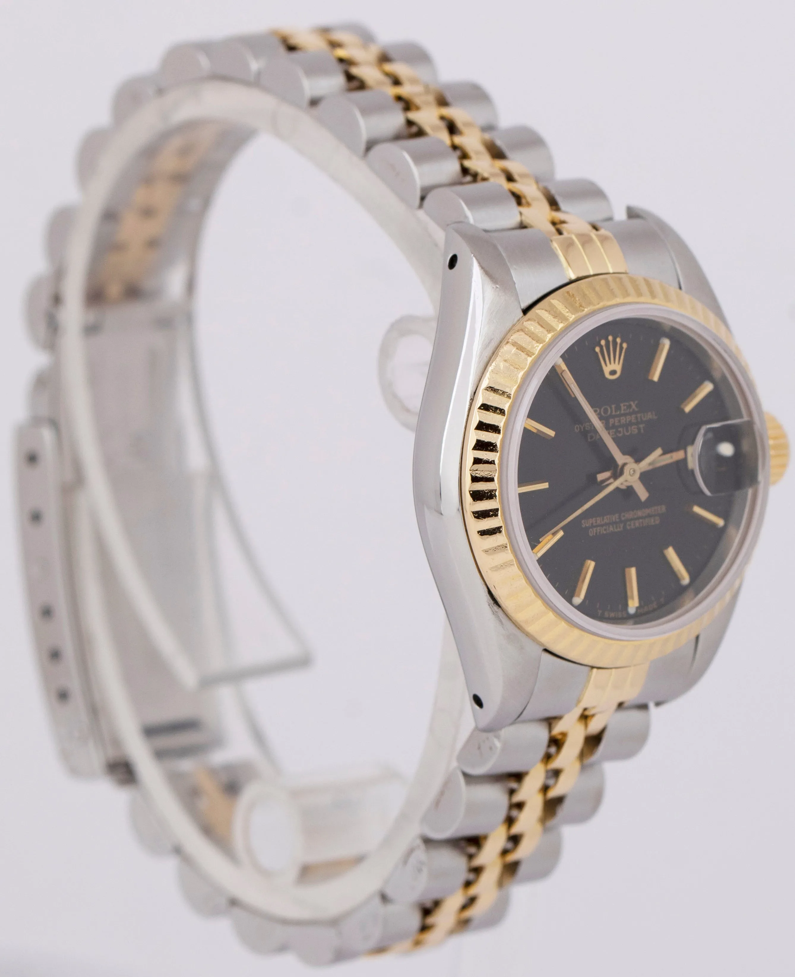 Ladies Rolex DateJust Two-Tone 18K Yellow Gold Stainless Black 26mm Watch 69173