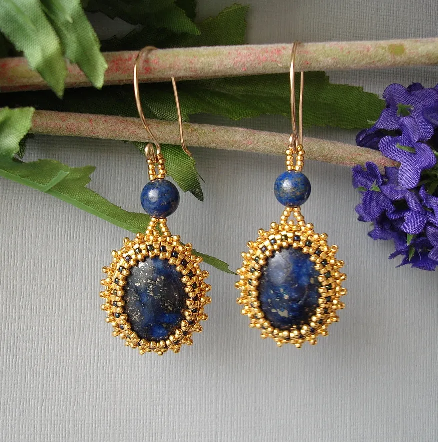 Lapis Lazuli Beads 24K Gold Plated Seed Beads Handmade Earrings.