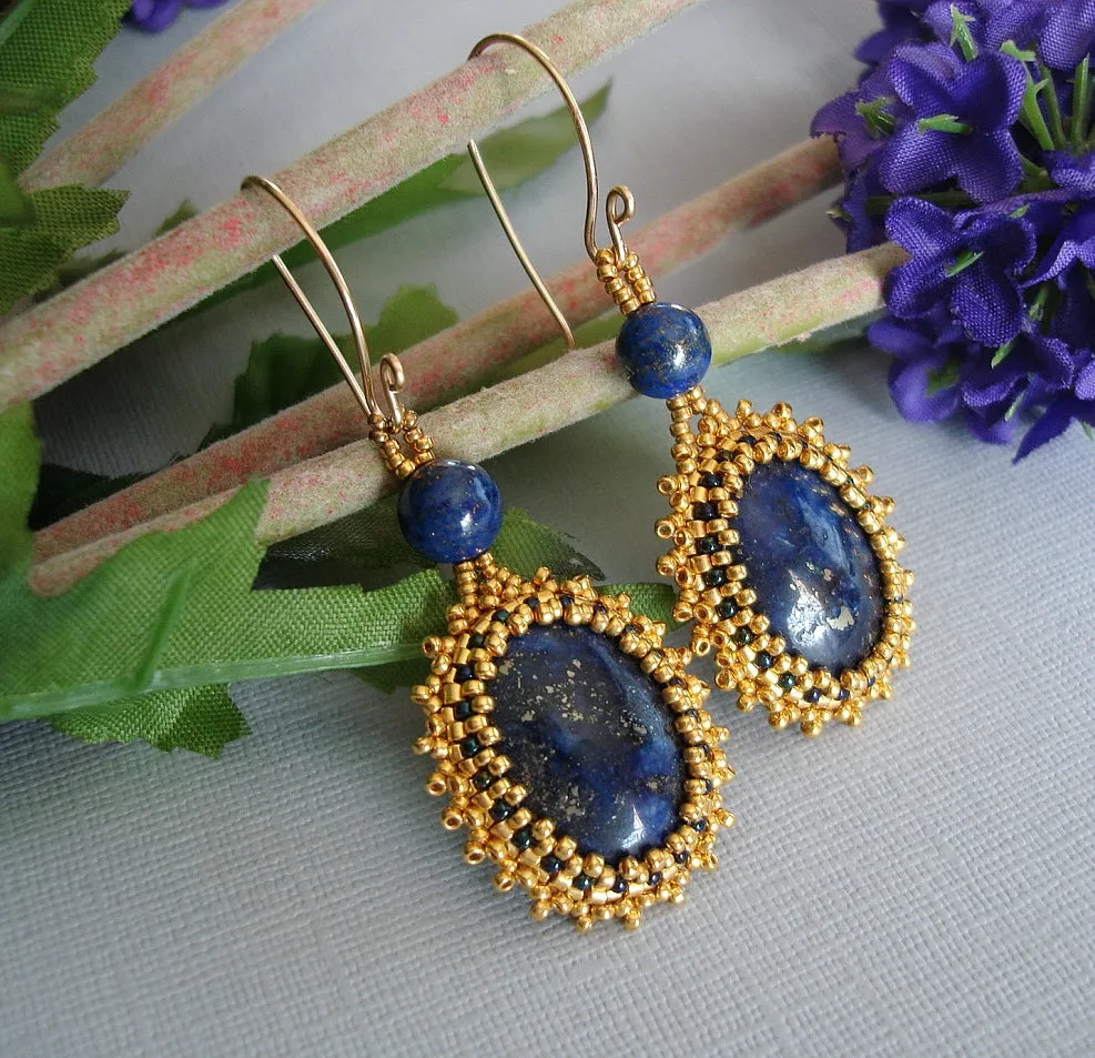 Lapis Lazuli Beads 24K Gold Plated Seed Beads Handmade Earrings.