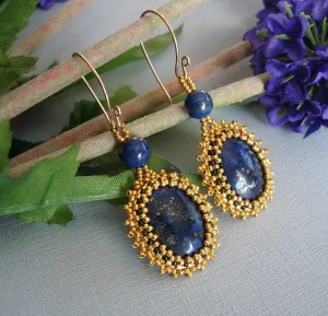 Lapis Lazuli Beads 24K Gold Plated Seed Beads Handmade Earrings.