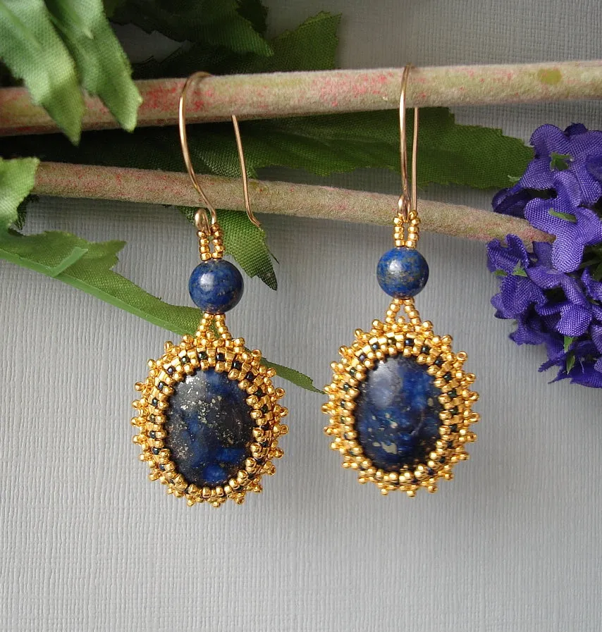 Lapis Lazuli Beads 24K Gold Plated Seed Beads Handmade Earrings.