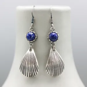 Lapis luzuli earrings in silver bezel setting with sterling silver shell shape on silver hooks style