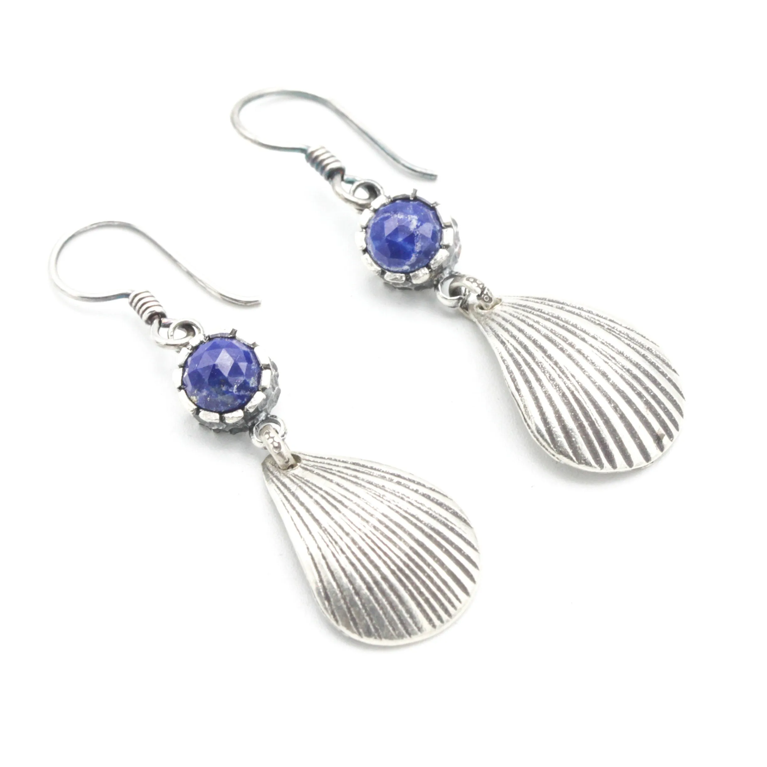 Lapis luzuli earrings in silver bezel setting with sterling silver shell shape on silver hooks style