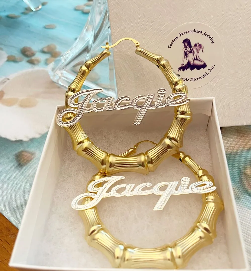 Large Bamboo Name Hoop Earrings - Mixed Metal