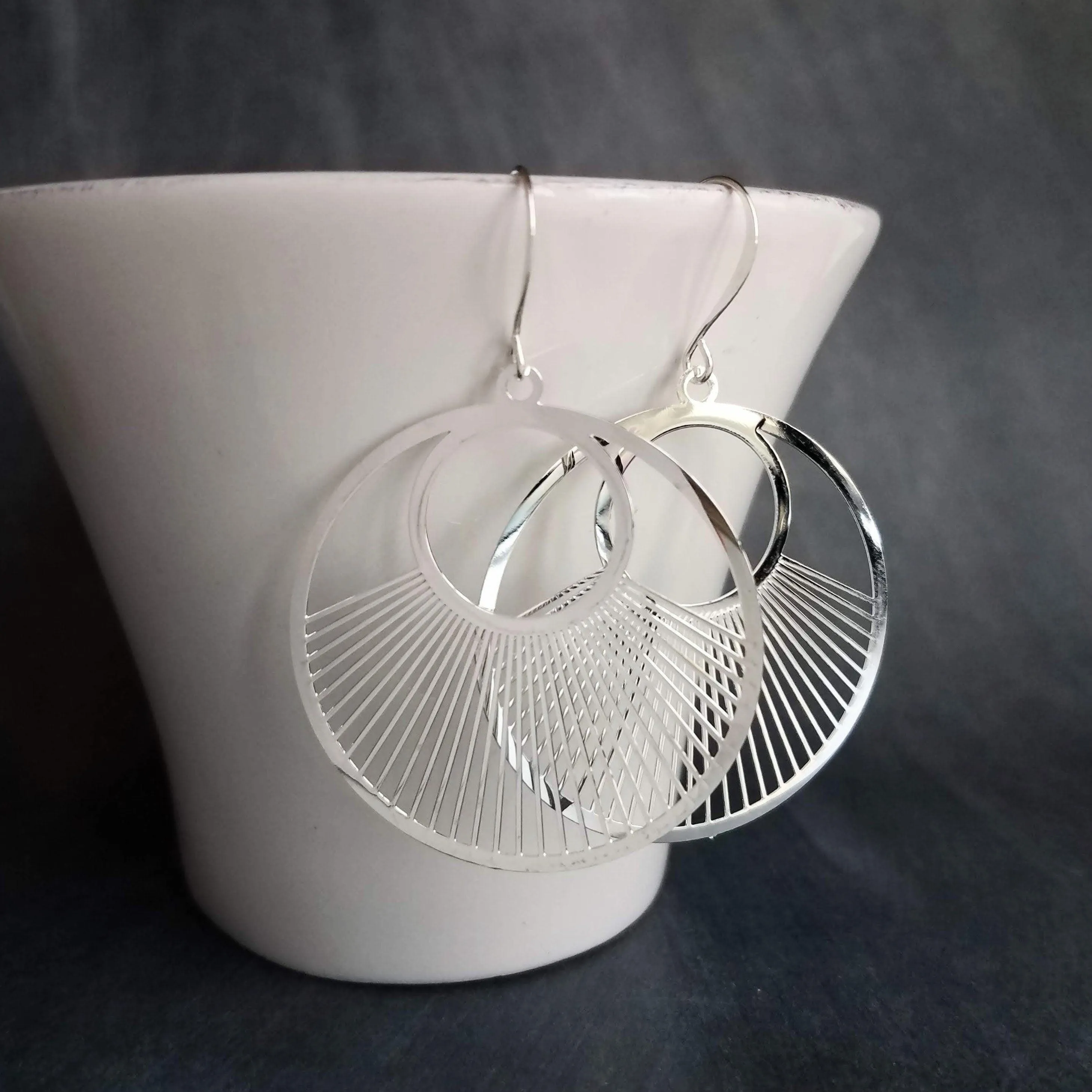Large Silver Spokes Earrings, large silver circle earrings, statement earrings, large earrings, sun ray earring, big round lightweight