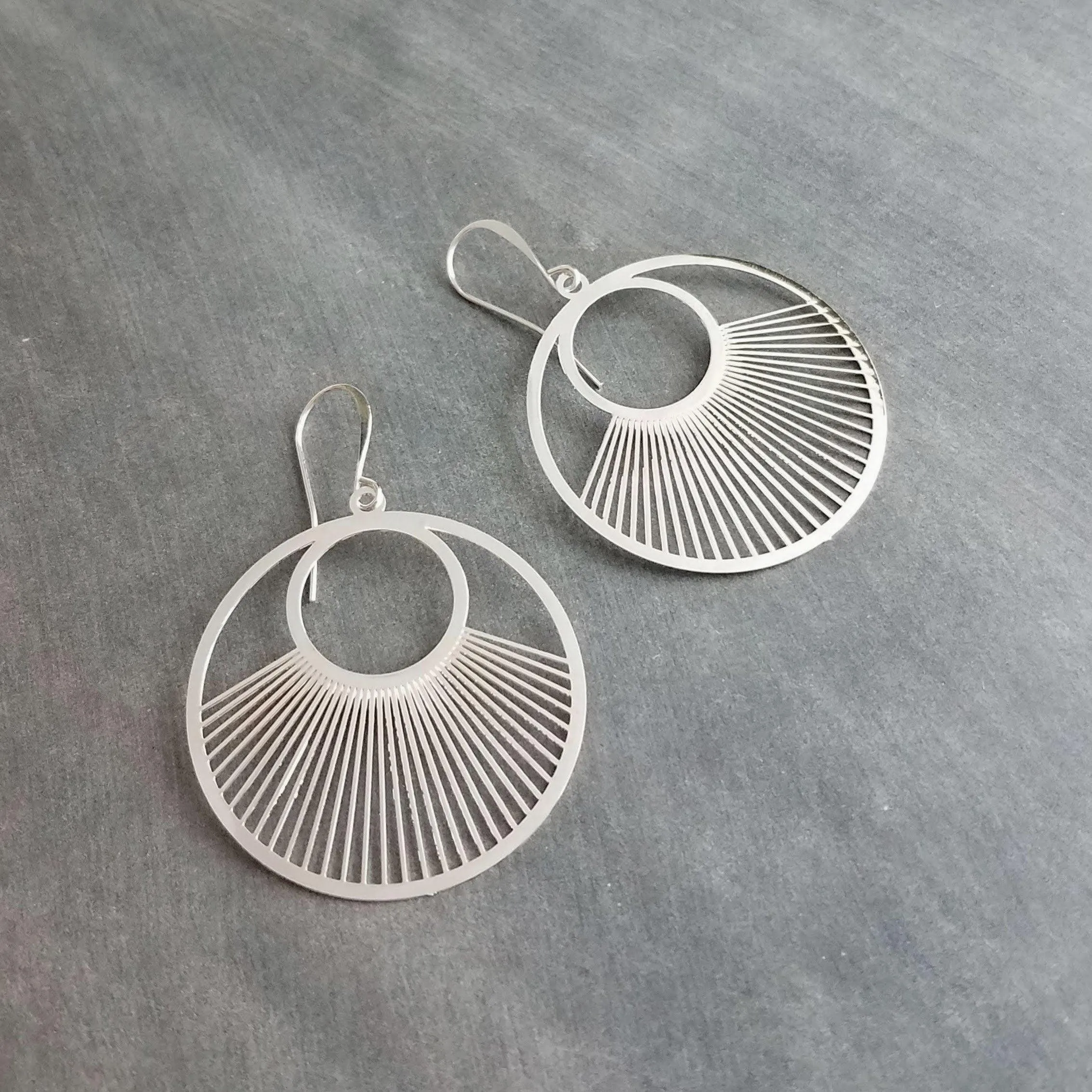 Large Silver Spokes Earrings, large silver circle earrings, statement earrings, large earrings, sun ray earring, big round lightweight