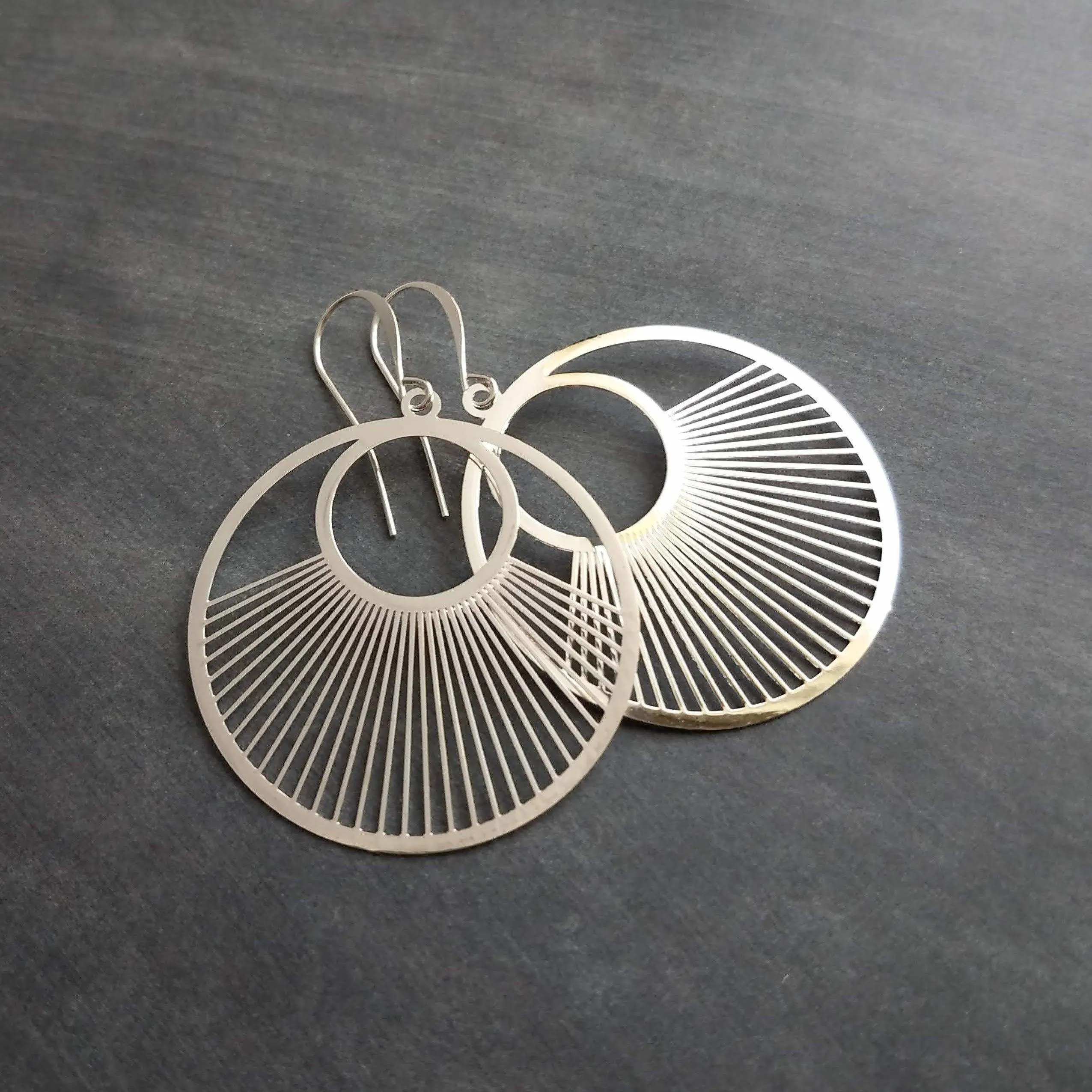 Large Silver Spokes Earrings, large silver circle earrings, statement earrings, large earrings, sun ray earring, big round lightweight