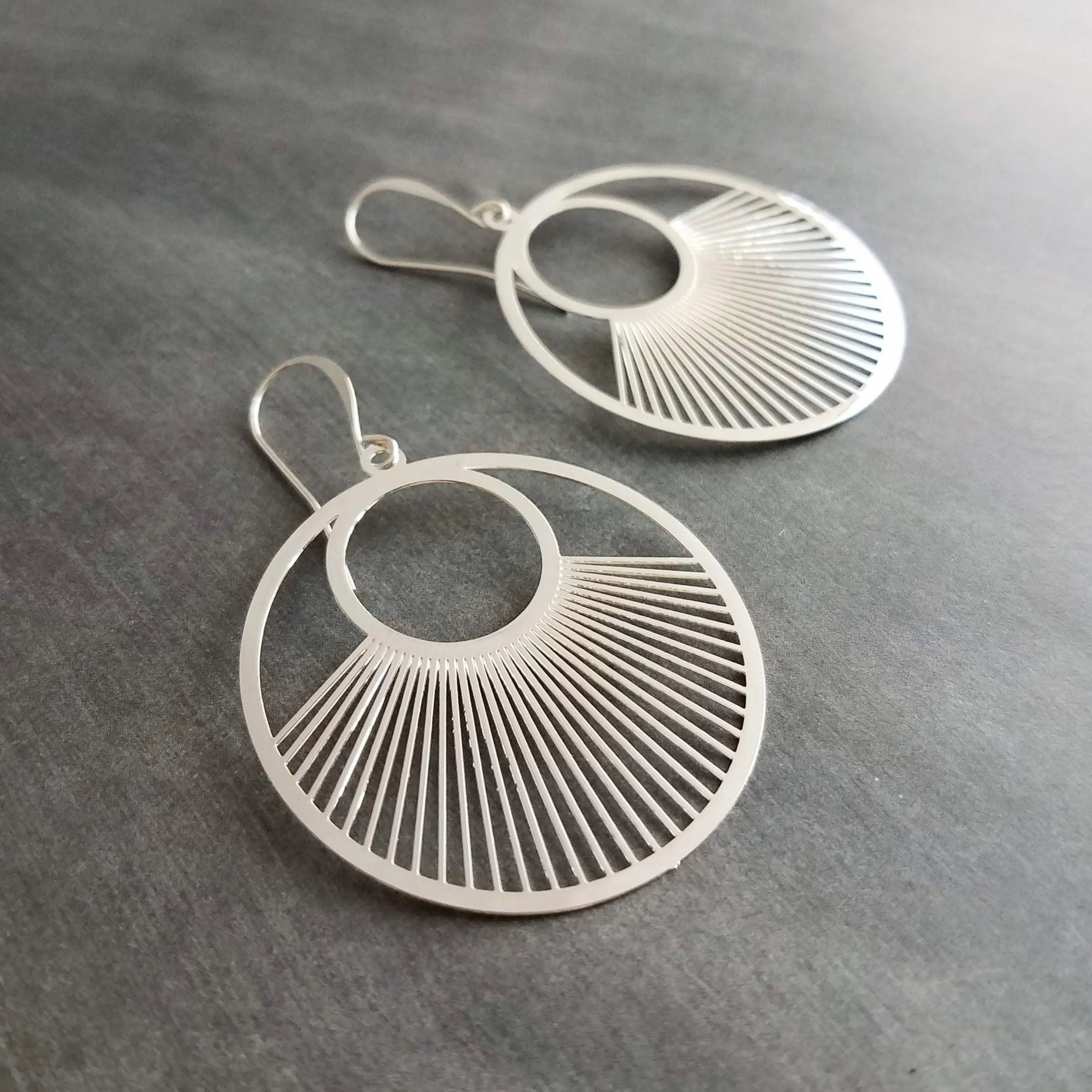 Large Silver Spokes Earrings, large silver circle earrings, statement earrings, large earrings, sun ray earring, big round lightweight