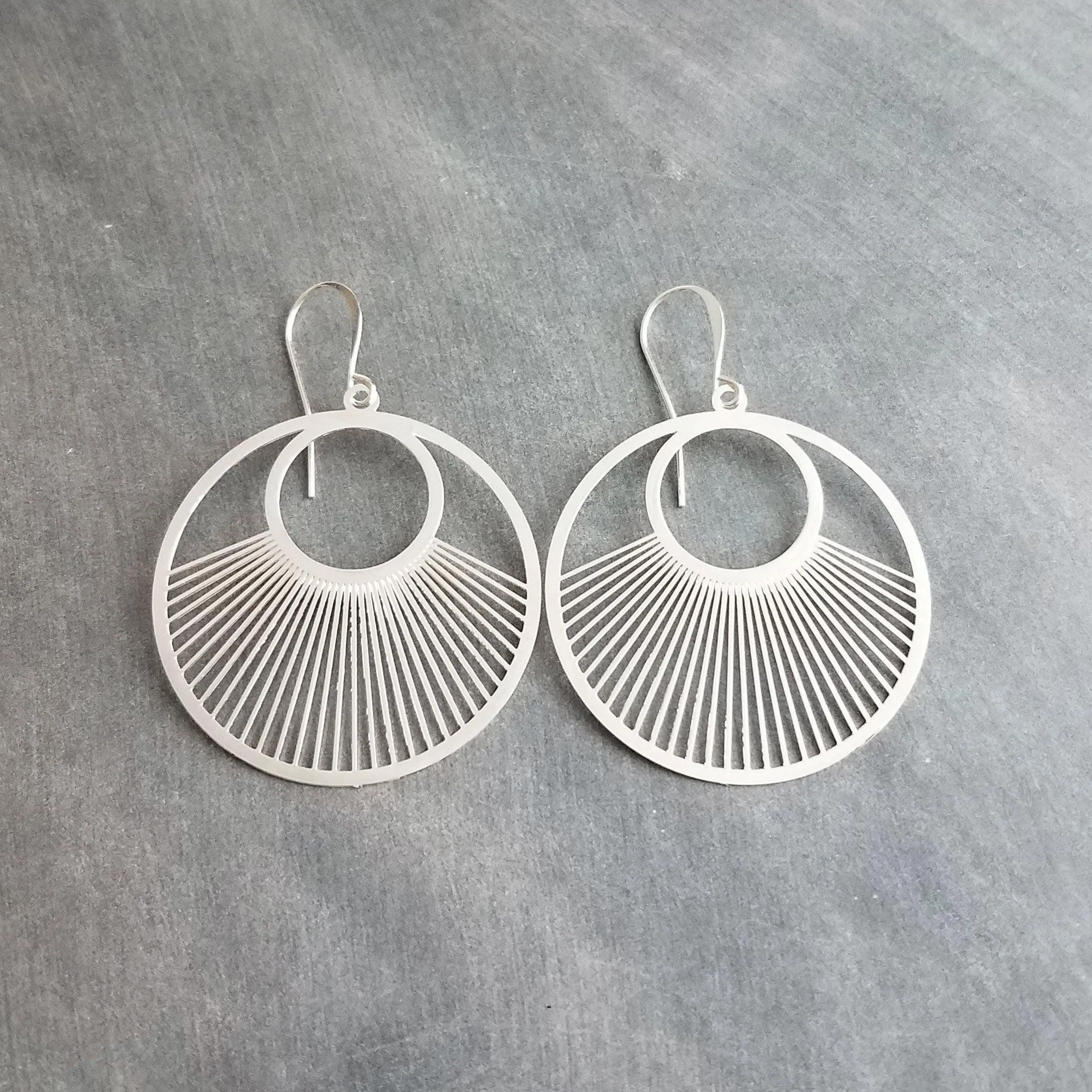 Large Silver Spokes Earrings, large silver circle earrings, statement earrings, large earrings, sun ray earring, big round lightweight