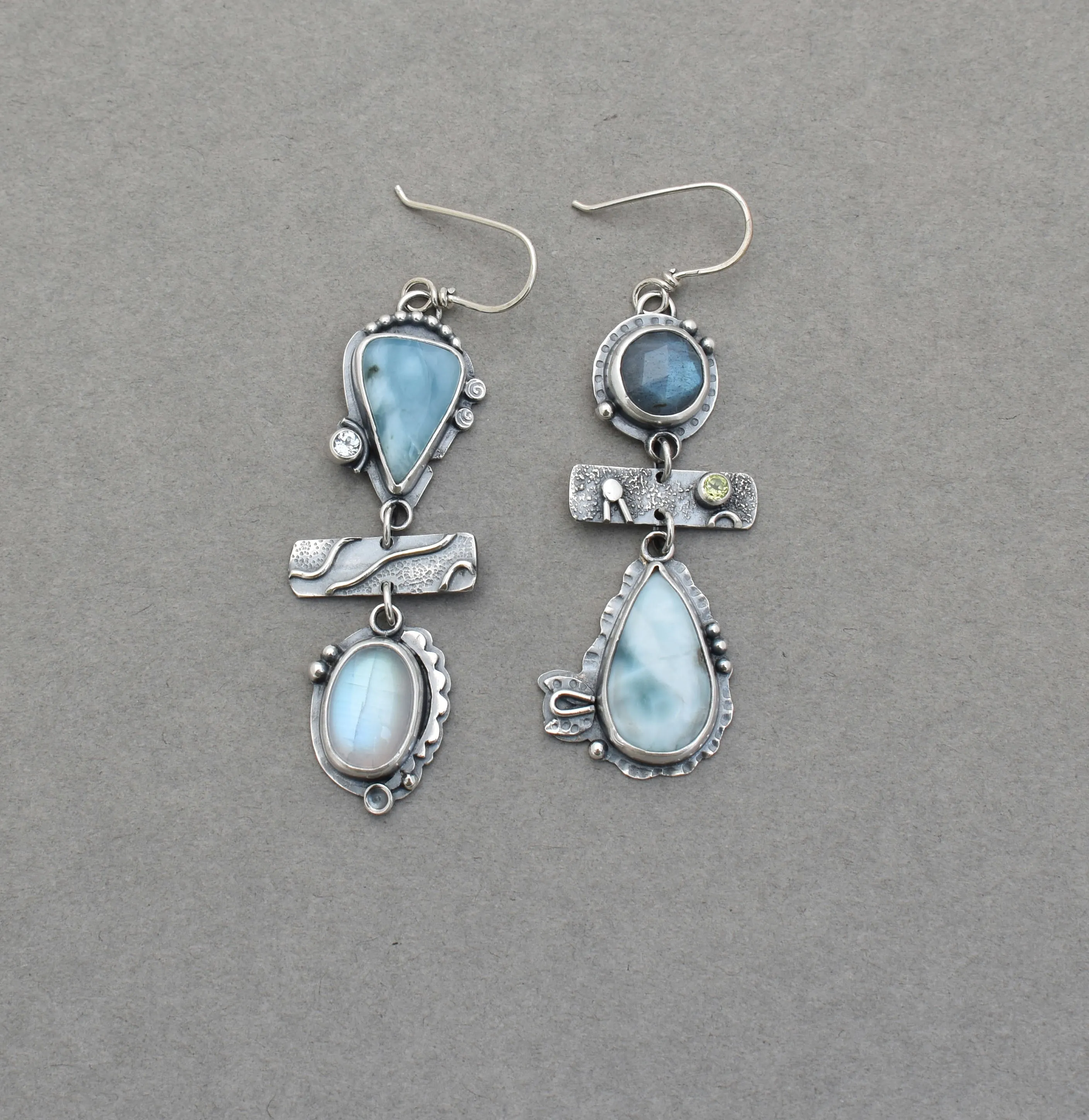 Larimar, Labradorite, Moonstone, and Silver Mismatch Earrings.