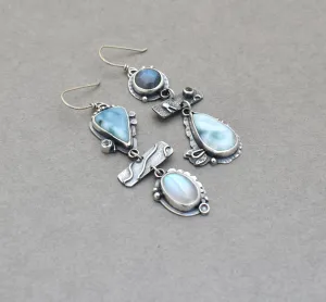 Larimar, Labradorite, Moonstone, and Silver Mismatch Earrings.
