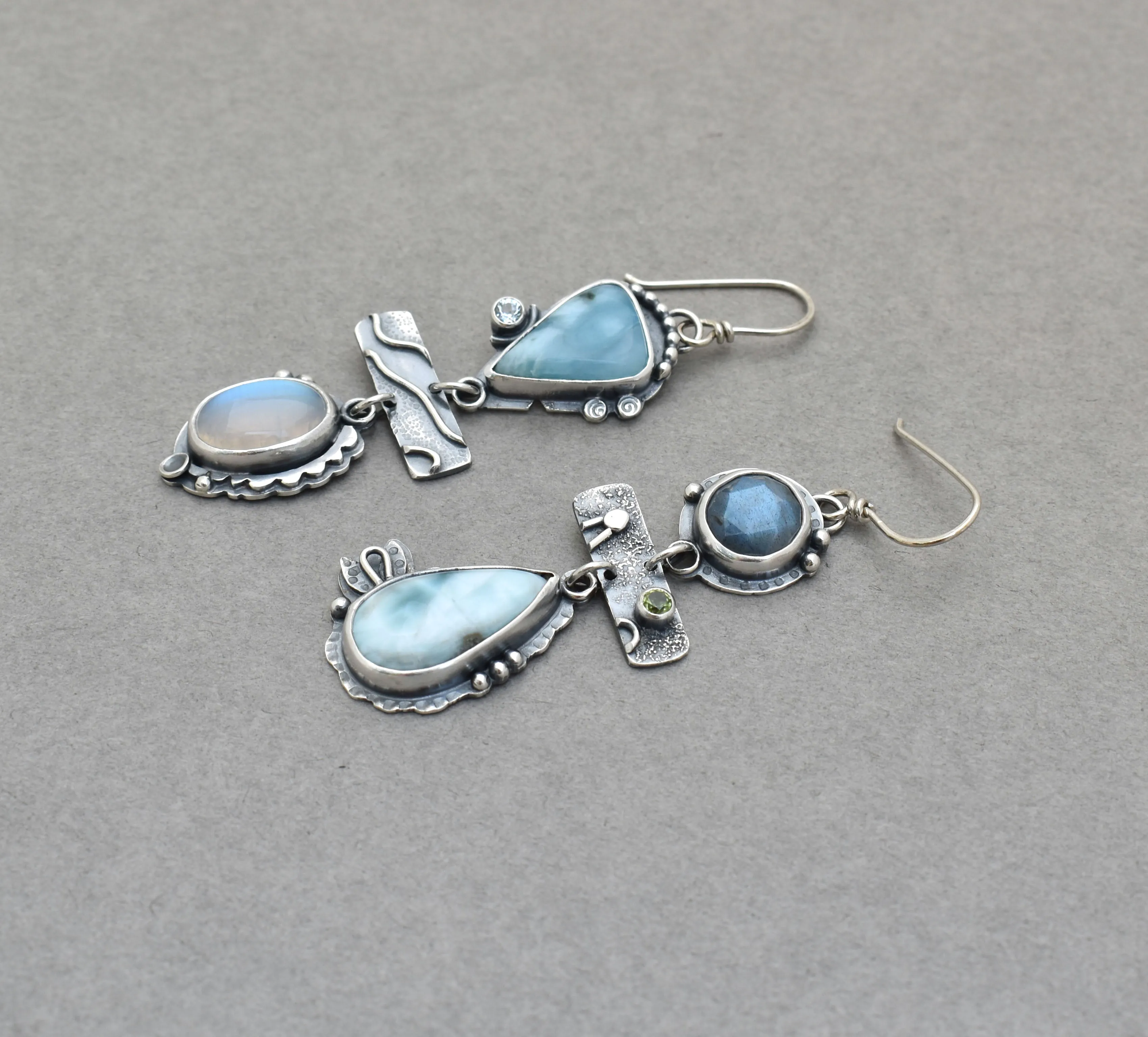 Larimar, Labradorite, Moonstone, and Silver Mismatch Earrings.
