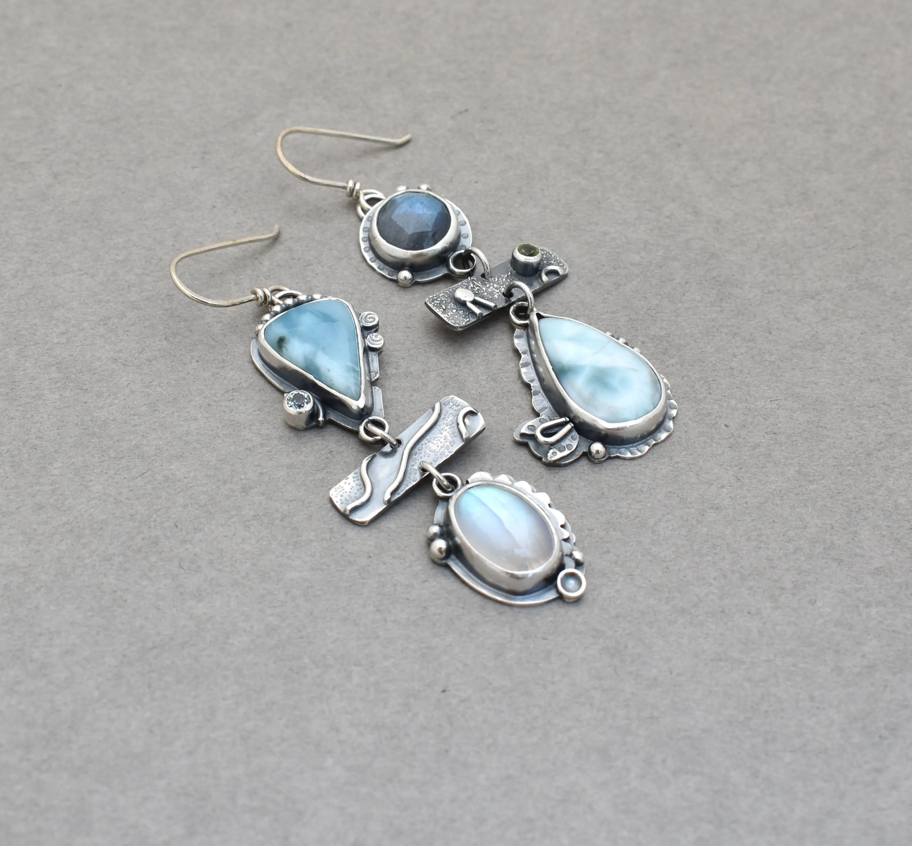 Larimar, Labradorite, Moonstone, and Silver Mismatch Earrings.