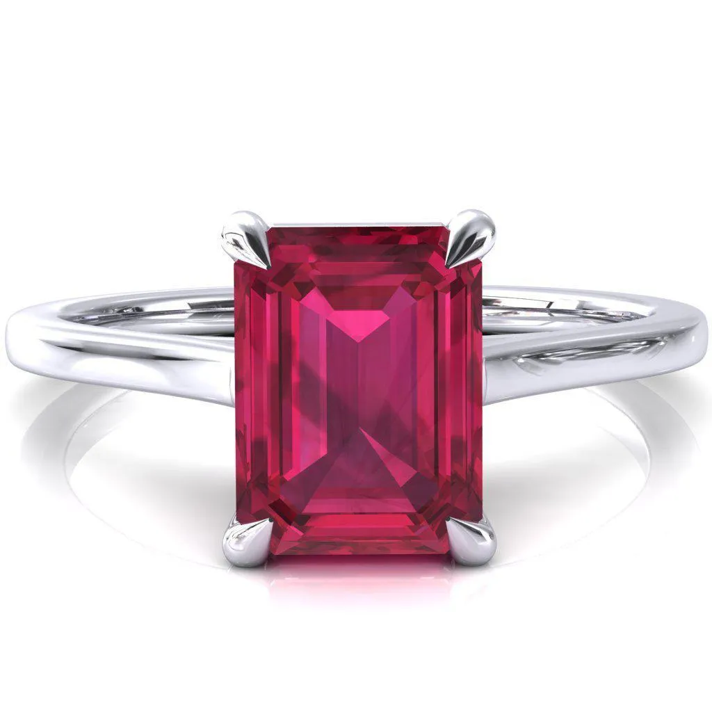 Lizzy Emerald Ruby 4 Claw Prong Cathedral Engagement Ring
