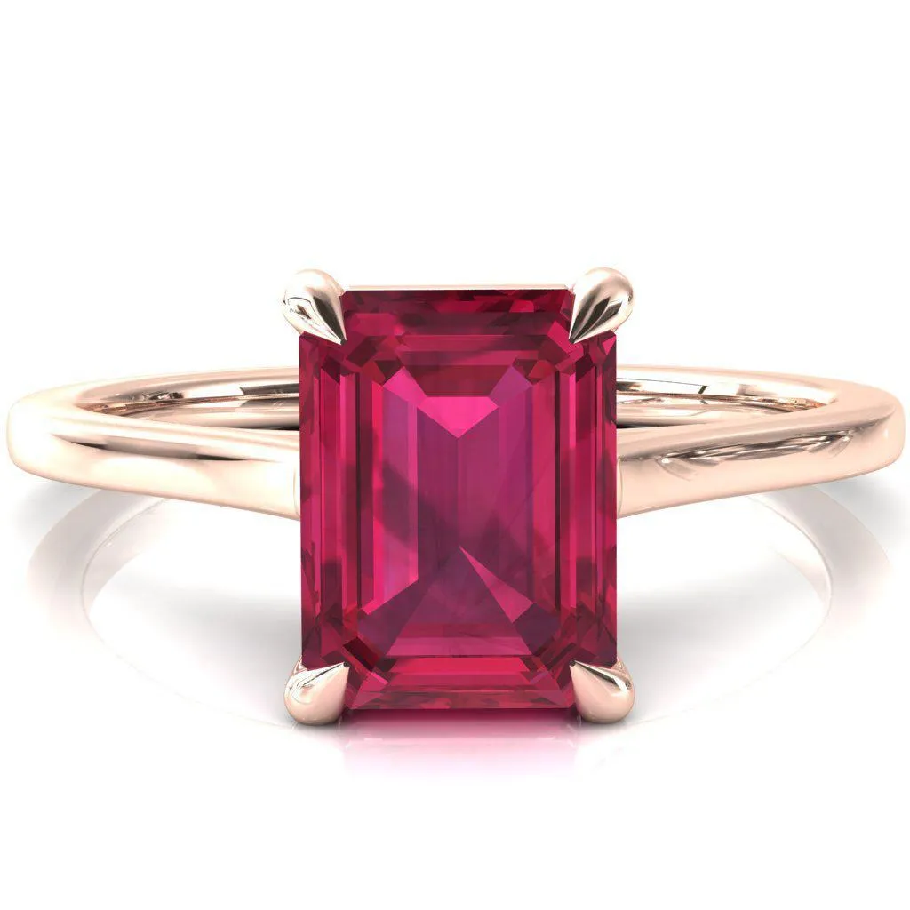 Lizzy Emerald Ruby 4 Claw Prong Cathedral Engagement Ring