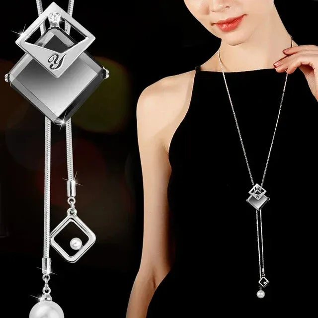 Long Necklaces & Pendants Fashion Geometric Crystal Statement Necklace For Women Collier Femme Pearl Choker
