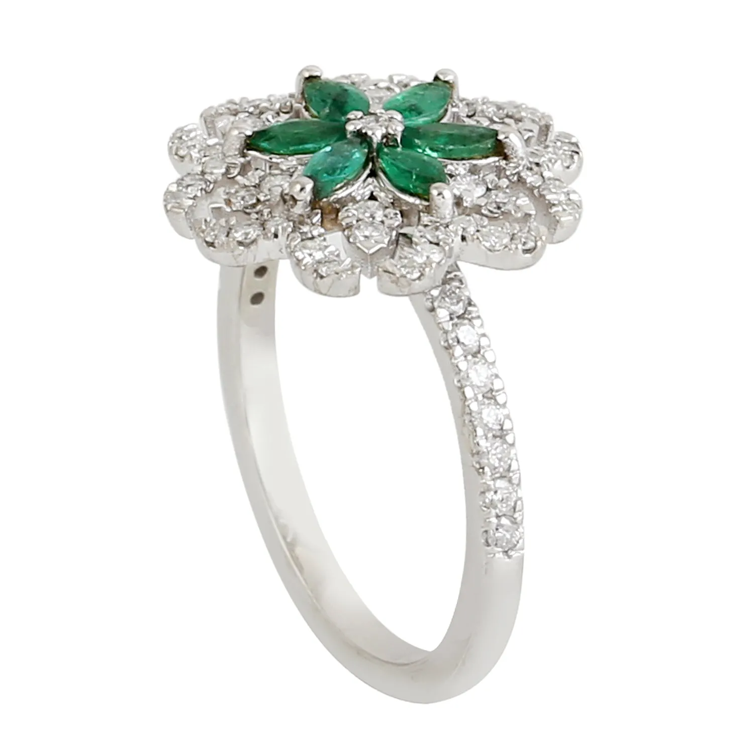 Marquise Emerald Pave Diamond Daisy Ring For Her In 18k White Gold