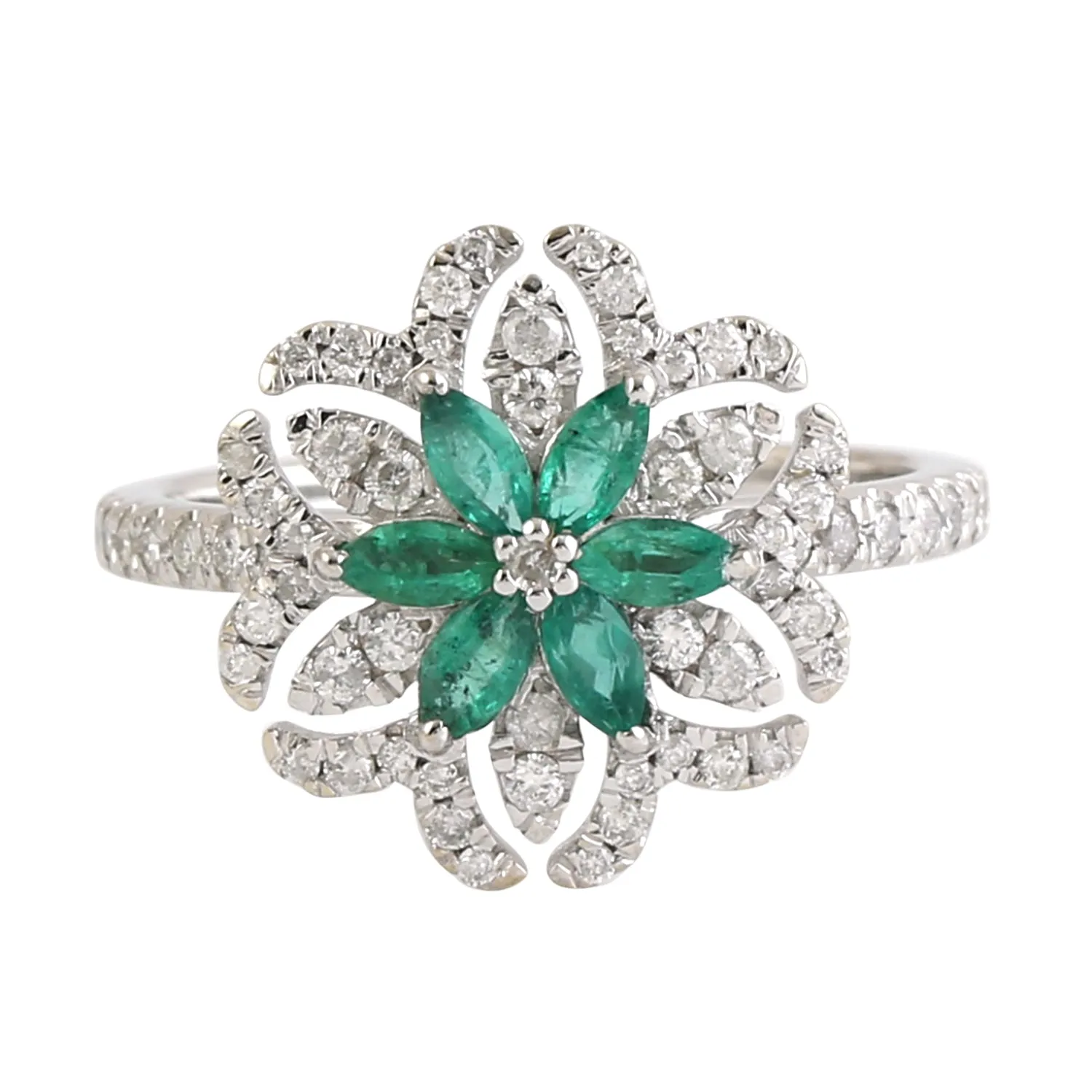 Marquise Emerald Pave Diamond Daisy Ring For Her In 18k White Gold