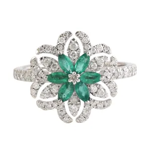 Marquise Emerald Pave Diamond Daisy Ring For Her In 18k White Gold