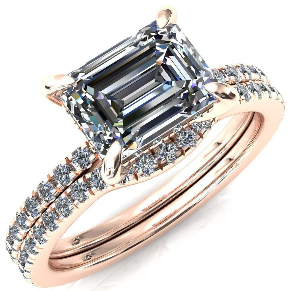 Mayeli Emerald Center Stone East-West 4 Claw Prong Micro Pave Diamond Sides Engagement Ring