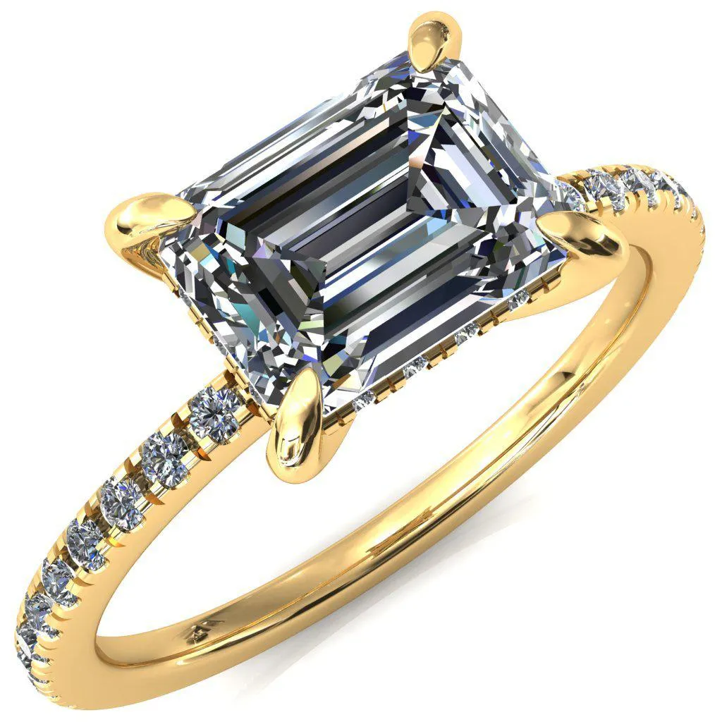 Mayeli Emerald Center Stone East-West 4 Claw Prong Micro Pave Diamond Sides Engagement Ring
