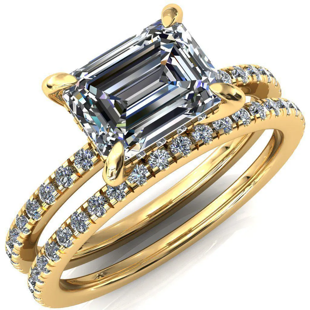 Mayeli Emerald Center Stone East-West 4 Claw Prong Micro Pave Diamond Sides Engagement Ring