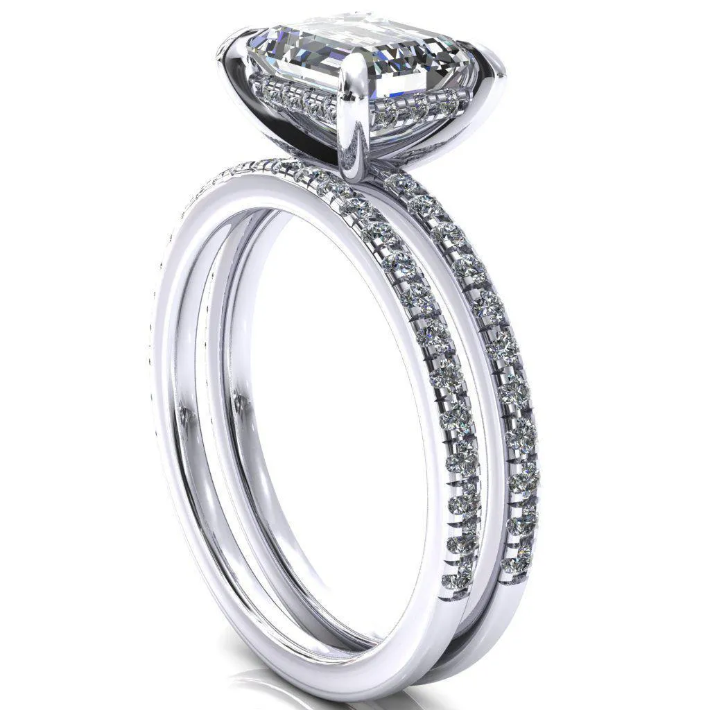 Mayeli Emerald Center Stone East-West 4 Claw Prong Micro Pave Diamond Sides Engagement Ring