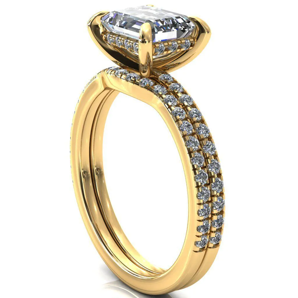 Mayeli Emerald Center Stone East-West 4 Claw Prong Micro Pave Diamond Sides Engagement Ring