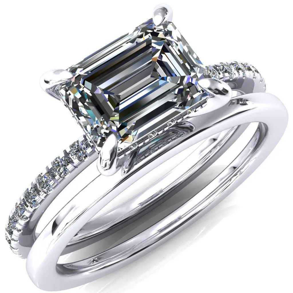 Mayeli Emerald Center Stone East-West 4 Claw Prong Micro Pave Diamond Sides Engagement Ring