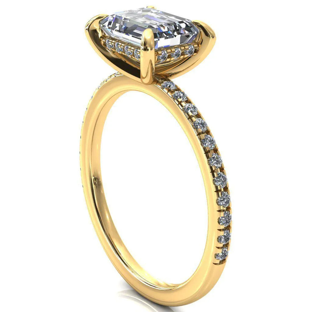 Mayeli Emerald Center Stone East-West 4 Claw Prong Micro Pave Diamond Sides Engagement Ring