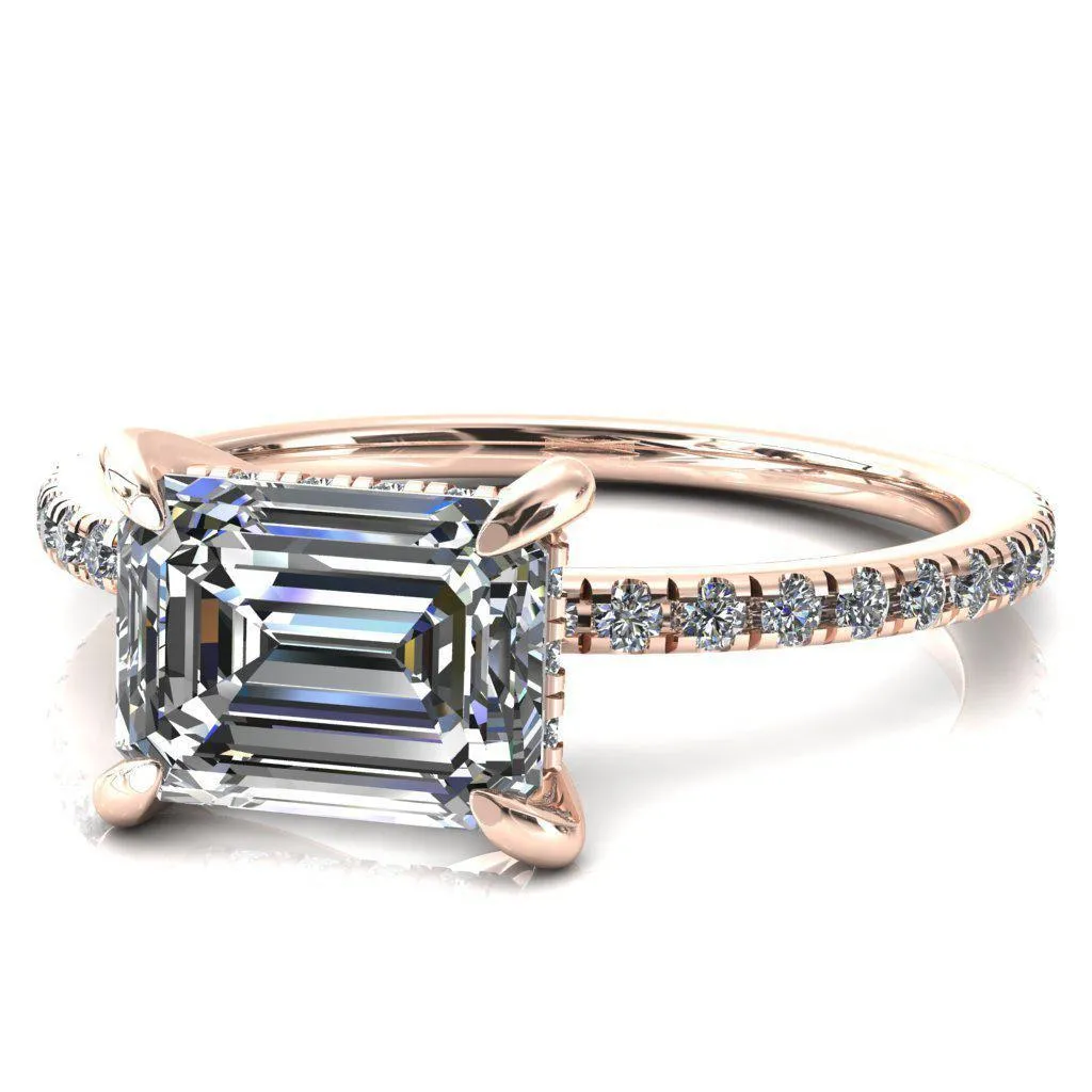 Mayeli Emerald Center Stone East-West 4 Claw Prong Micro Pave Diamond Sides Engagement Ring