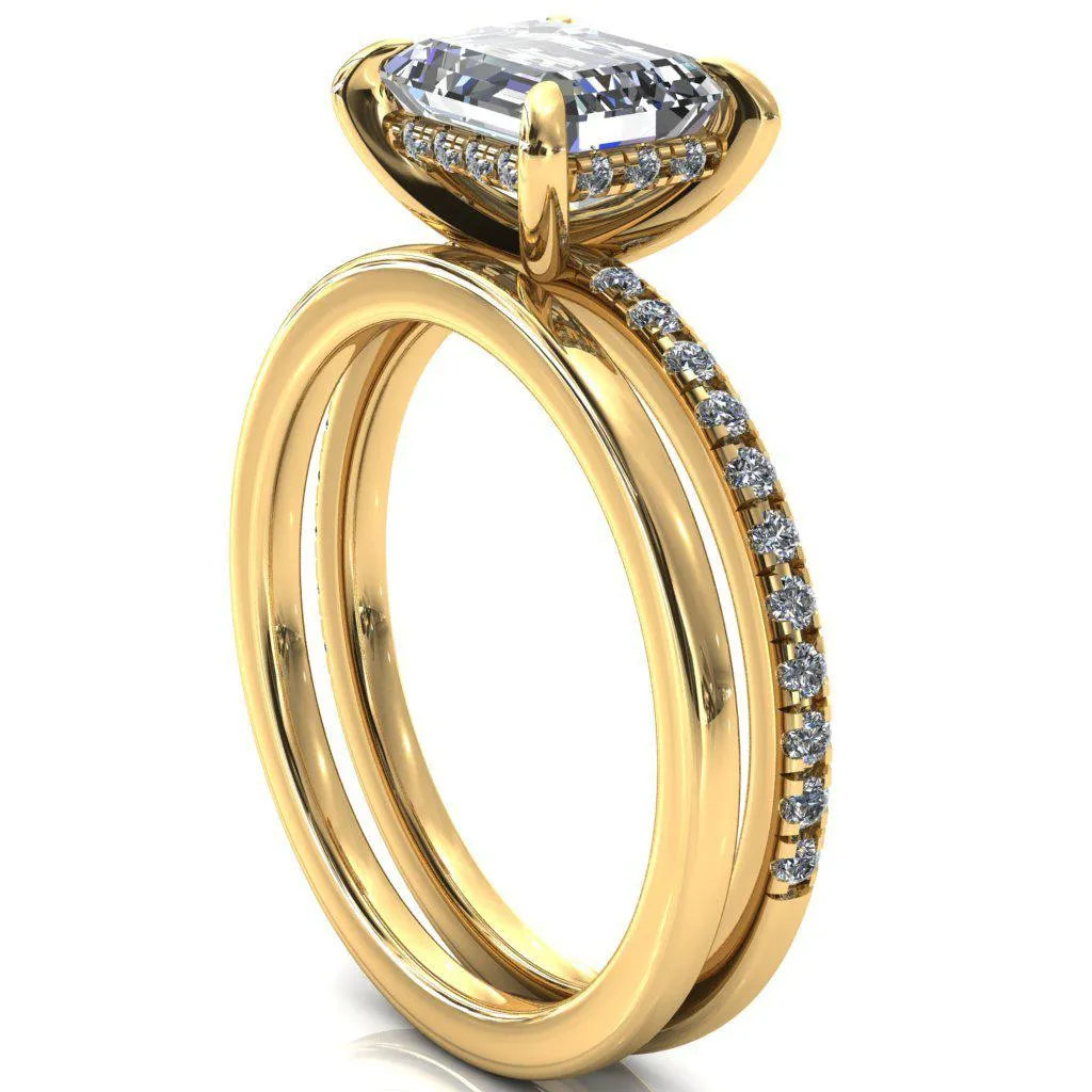 Mayeli Emerald Center Stone East-West 4 Claw Prong Micro Pave Diamond Sides Engagement Ring