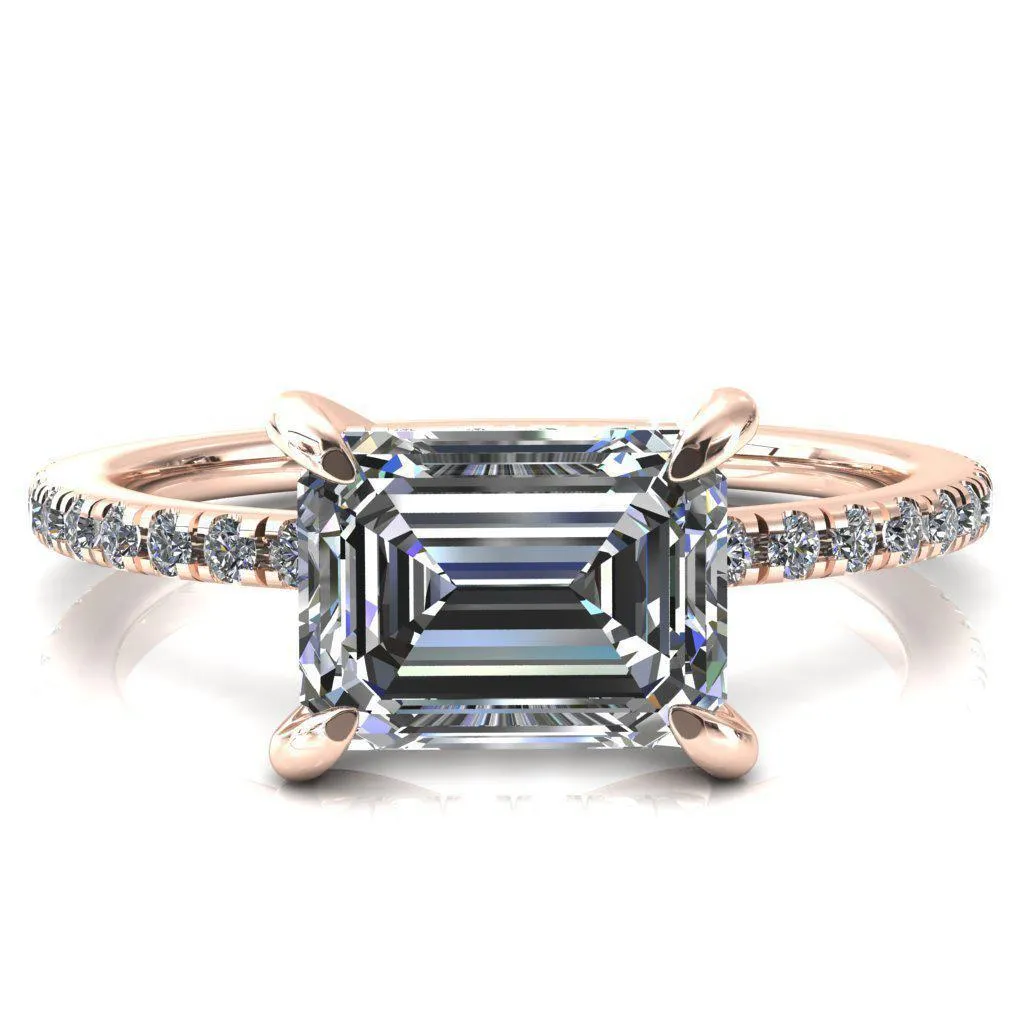 Mayeli Emerald Center Stone East-West 4 Claw Prong Micro Pave Diamond Sides Engagement Ring