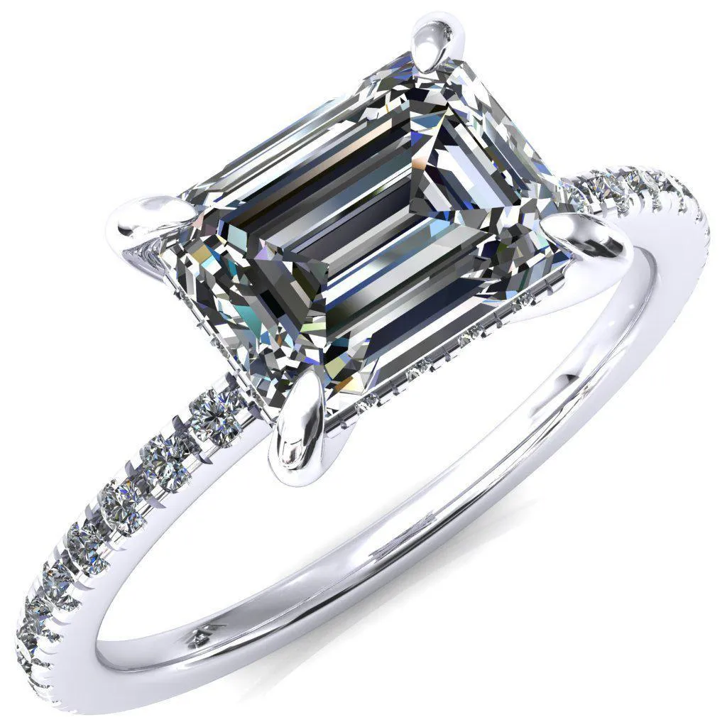 Mayeli Emerald Center Stone East-West 4 Claw Prong Micro Pave Diamond Sides Engagement Ring
