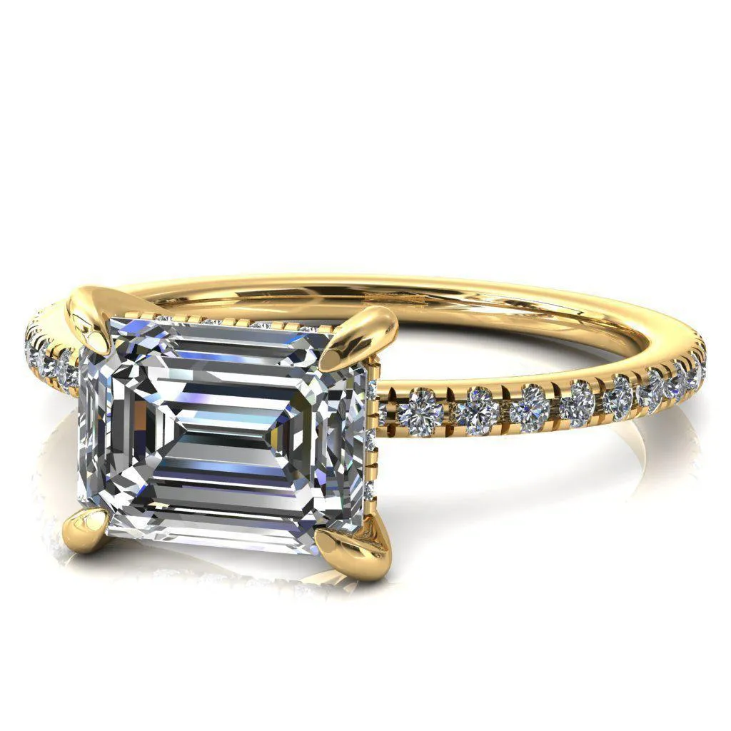 Mayeli Emerald Center Stone East-West 4 Claw Prong Micro Pave Diamond Sides Engagement Ring