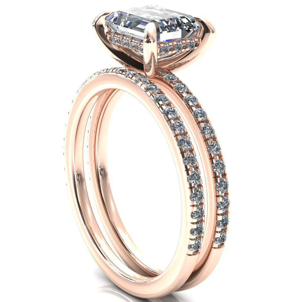 Mayeli Emerald Center Stone East-West 4 Claw Prong Micro Pave Diamond Sides Engagement Ring