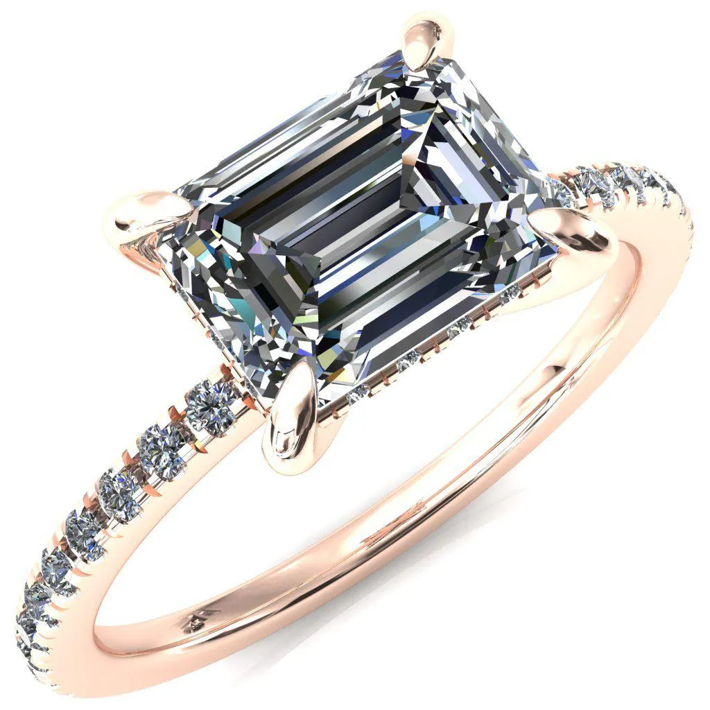 Mayeli Emerald Center Stone East-West 4 Claw Prong Micro Pave Diamond Sides Engagement Ring