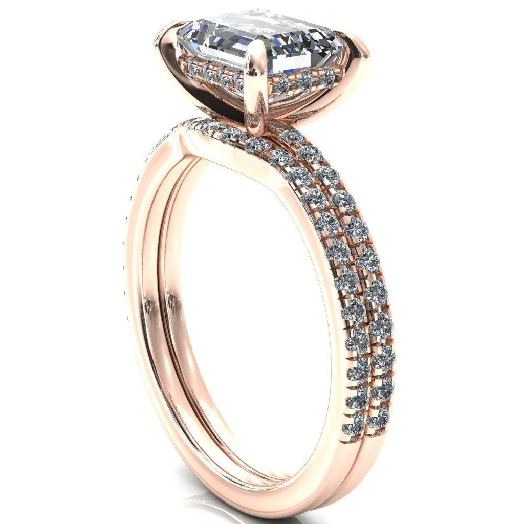 Mayeli Emerald Center Stone East-West 4 Claw Prong Micro Pave Diamond Sides Engagement Ring