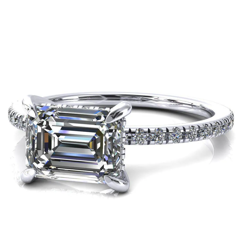 Mayeli Emerald Center Stone East-West 4 Claw Prong Micro Pave Diamond Sides Engagement Ring