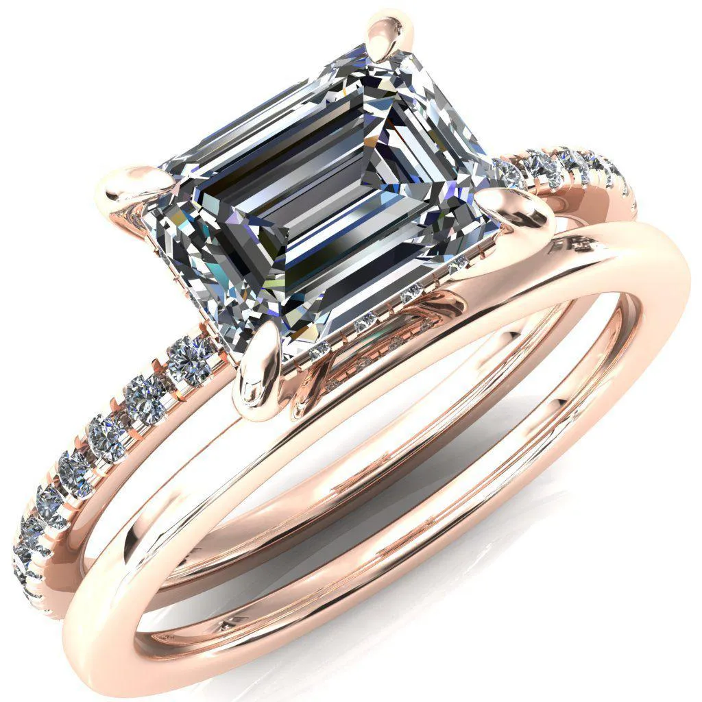 Mayeli Emerald Center Stone East-West 4 Claw Prong Micro Pave Diamond Sides Engagement Ring