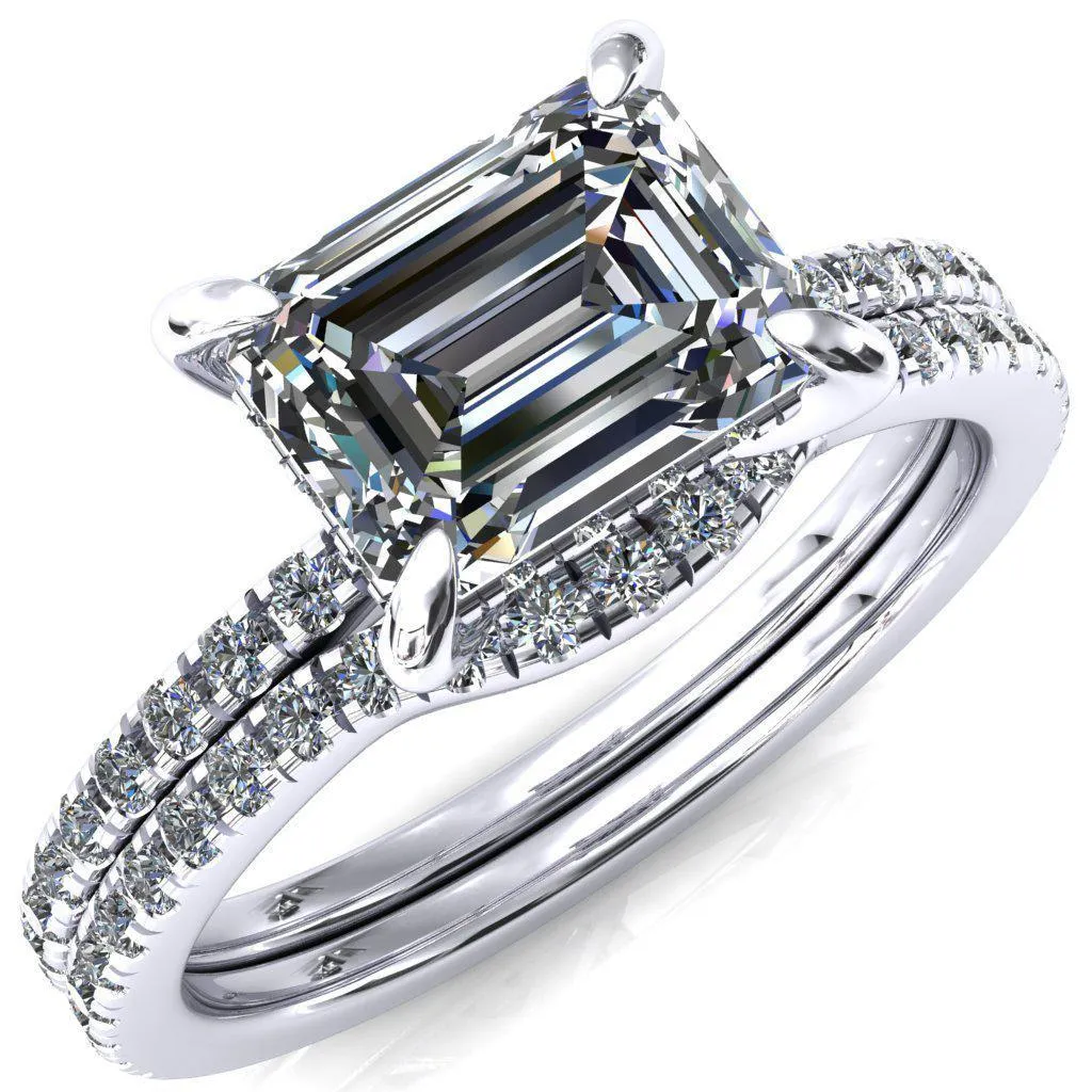 Mayeli Emerald Center Stone East-West 4 Claw Prong Micro Pave Diamond Sides Engagement Ring