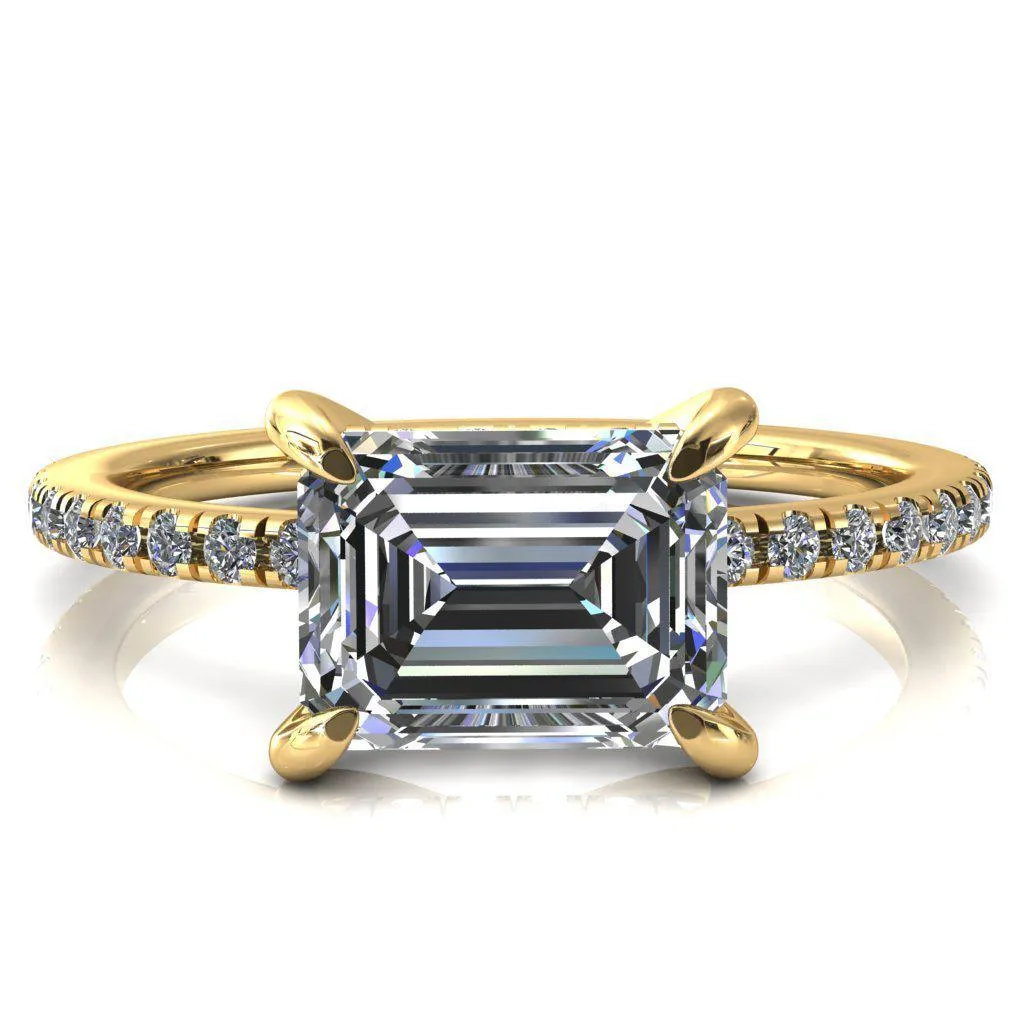 Mayeli Emerald Center Stone East-West 4 Claw Prong Micro Pave Diamond Sides Engagement Ring