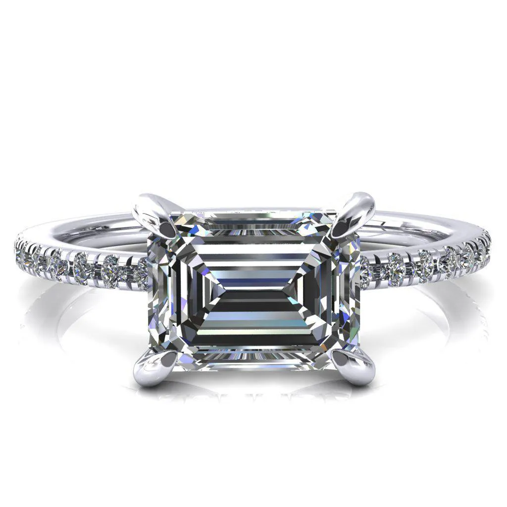 Mayeli Emerald Center Stone East-West 4 Claw Prong Micro Pave Diamond Sides Engagement Ring