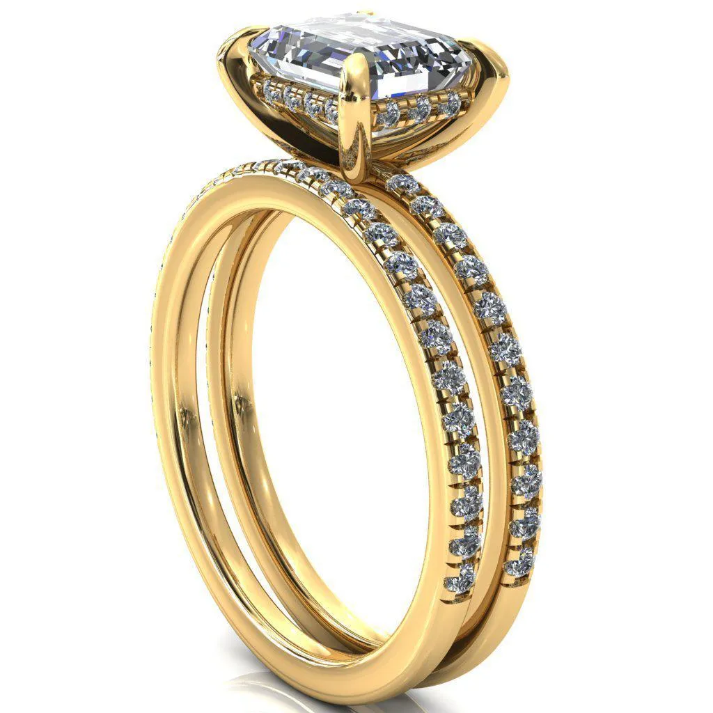 Mayeli Emerald Center Stone East-West 4 Claw Prong Micro Pave Diamond Sides Engagement Ring