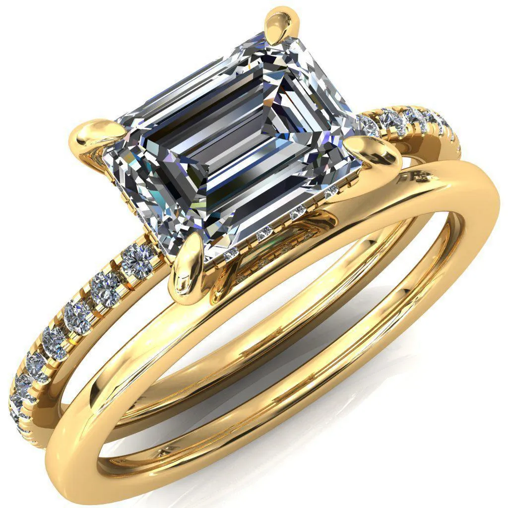 Mayeli Emerald Center Stone East-West 4 Claw Prong Micro Pave Diamond Sides Engagement Ring