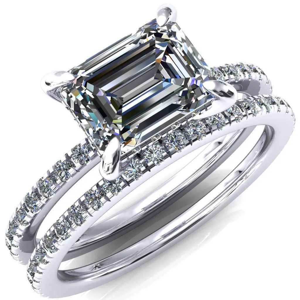 Mayeli Emerald Center Stone East-West 4 Claw Prong Micro Pave Diamond Sides Engagement Ring