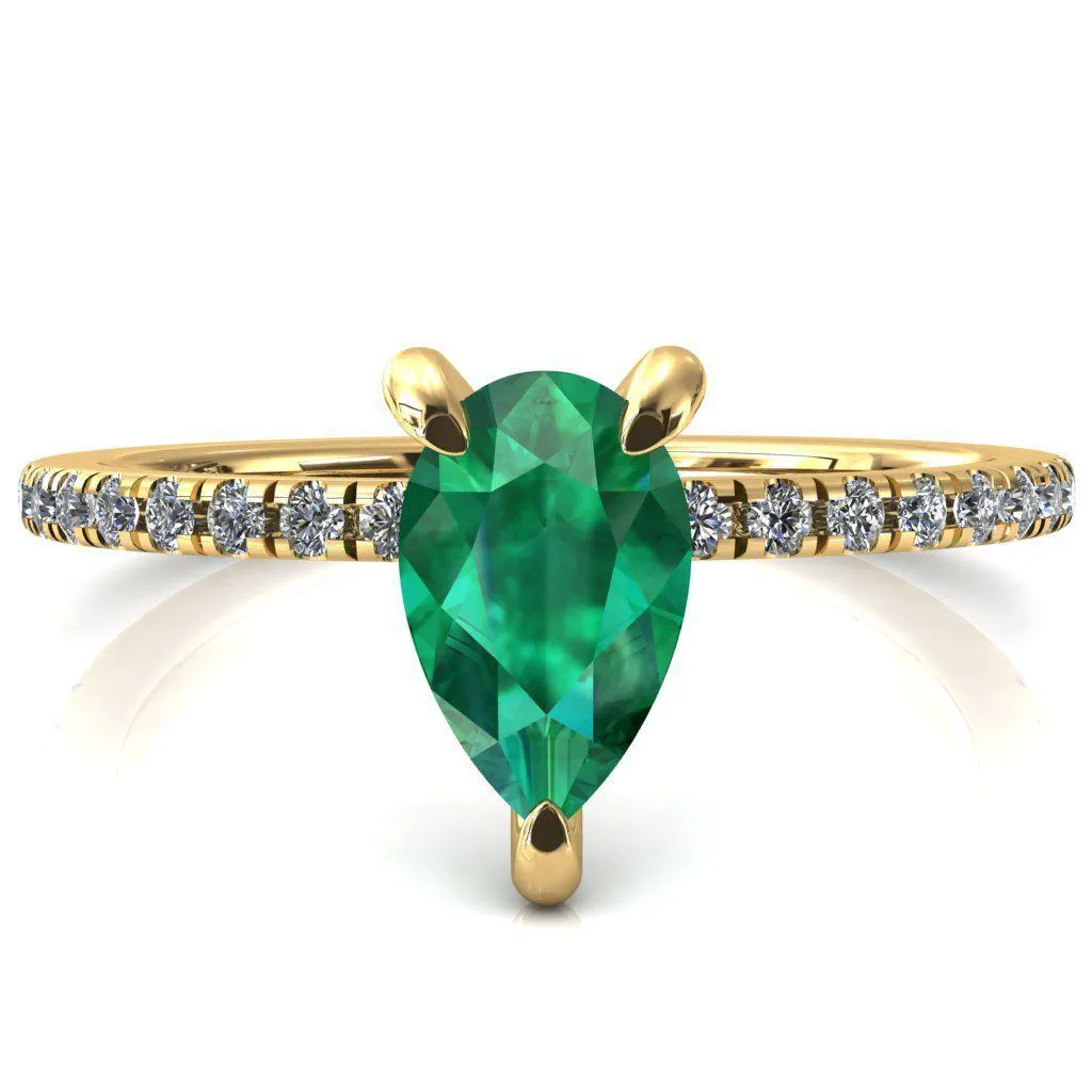 Mayeli Pear Emerald 3 Claw Prong Micro Pave Diamond Sides Engagement Ring