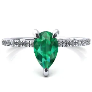 Mayeli Pear Emerald 3 Claw Prong Micro Pave Diamond Sides Engagement Ring