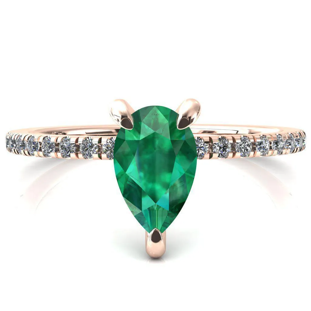 Mayeli Pear Emerald 3 Claw Prong Micro Pave Diamond Sides Engagement Ring