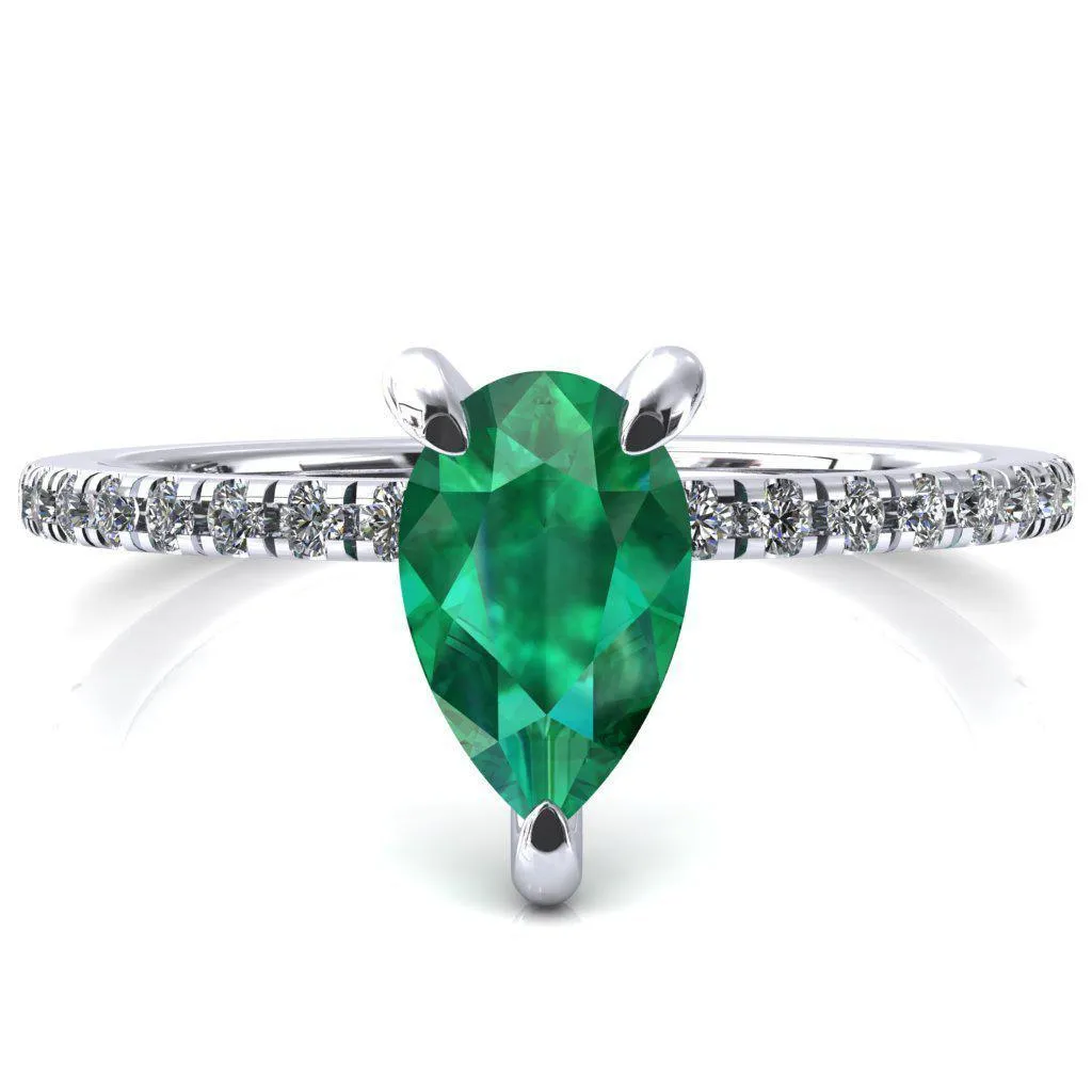 Mayeli Pear Emerald 3 Claw Prong Micro Pave Diamond Sides Engagement Ring